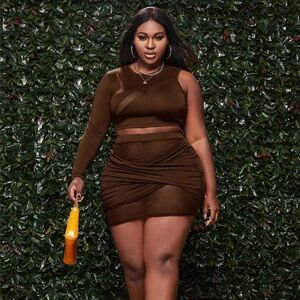 Chic Brown One-Sleeve Skirt Set